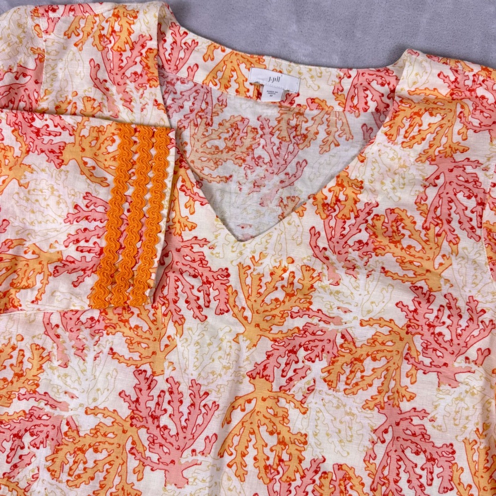 J. Jill Womens Orange Pink Coral Print Linen Cotton V-Neck Tunic Top Size M